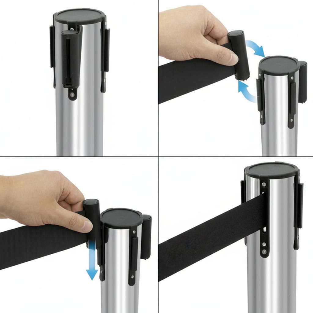 Set 2 stalpi delimitare cu banda retractabila 1.85 m, otel, baza grea 3