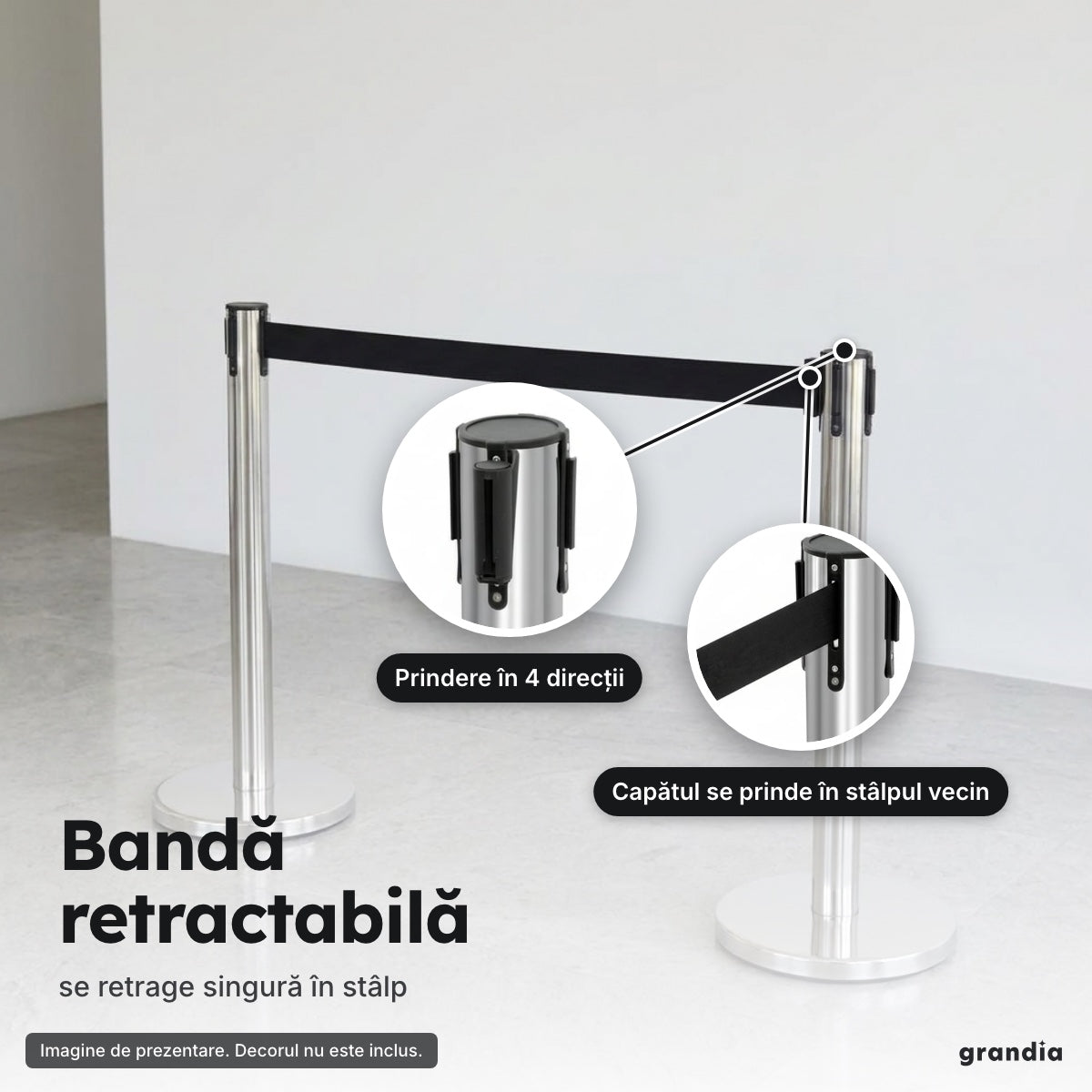 Set 2 stâlpi inox cu bandă retractabilă – Bandă retractabilă