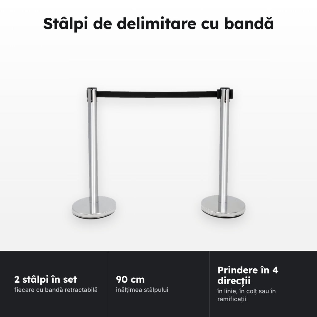 Set 2 stâlpi inox cu bandă retractabilă – Stâlpi de delimitare cu bandă
