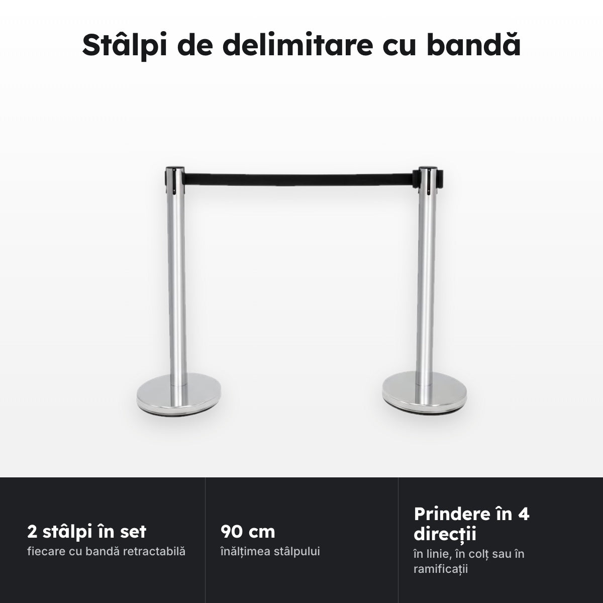 Set 2 stâlpi inox cu bandă retractabilă – Stâlpi de delimitare cu bandă