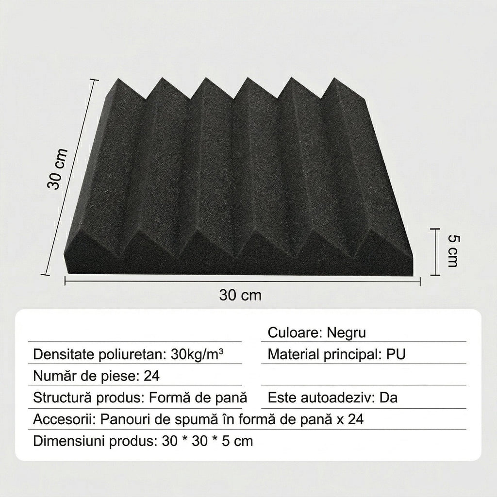 Panou acustic cu cotele marcate: 30 x 30 x 5 cm, și caracteristicile setului