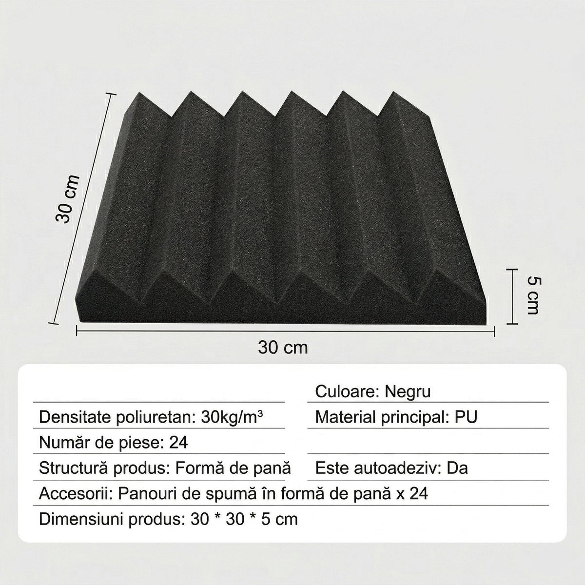 Panou acustic cu cotele marcate: 30 x 30 x 5 cm, și caracteristicile setului