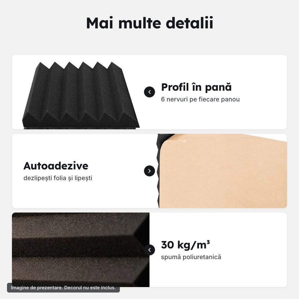 Detaliile panourilor acustice: profil în pană, adeziv pe spate, densitate 30 kg/m³
