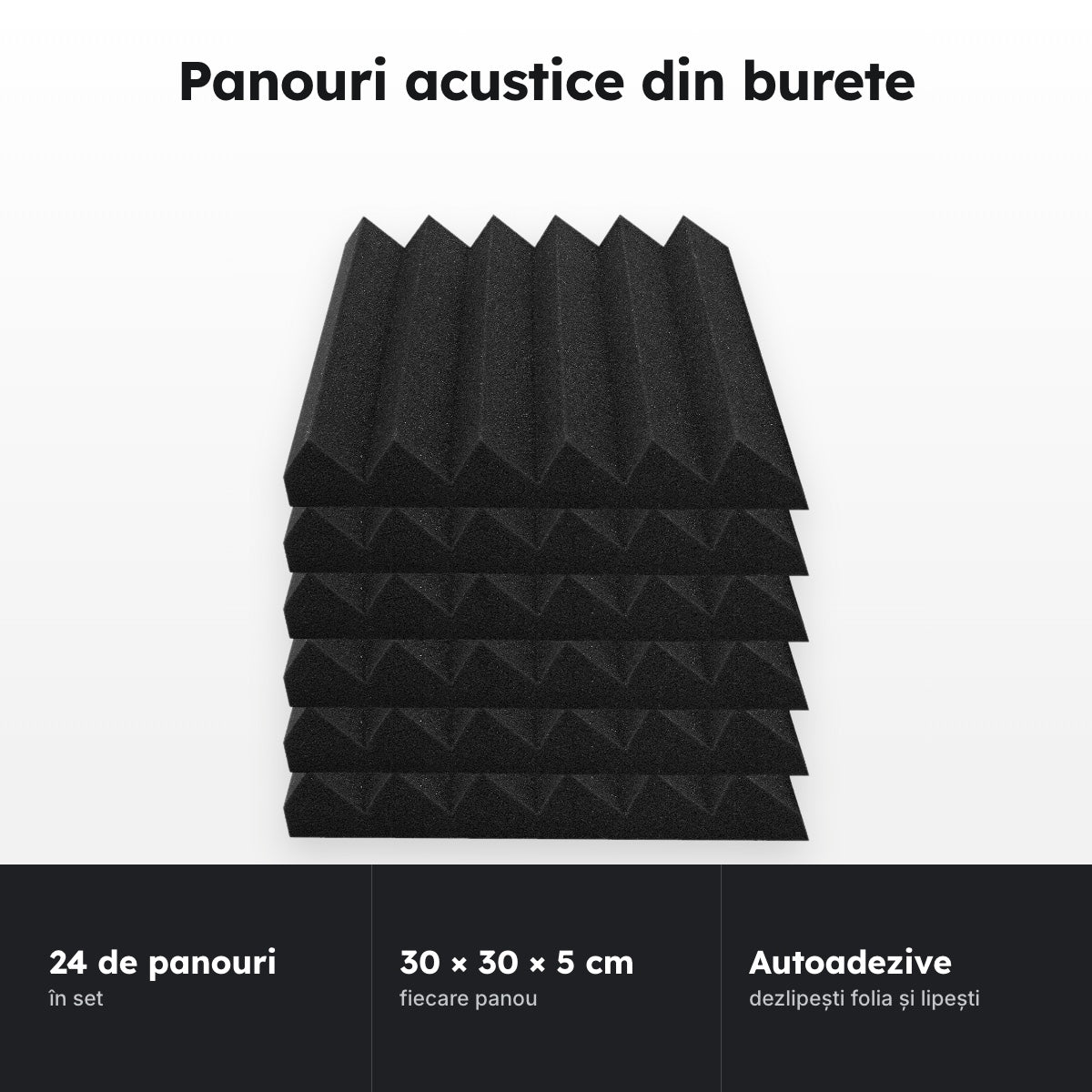 Set de 24 de panouri acustice din burete, 30 x 30 x 5 cm, autoadezive
