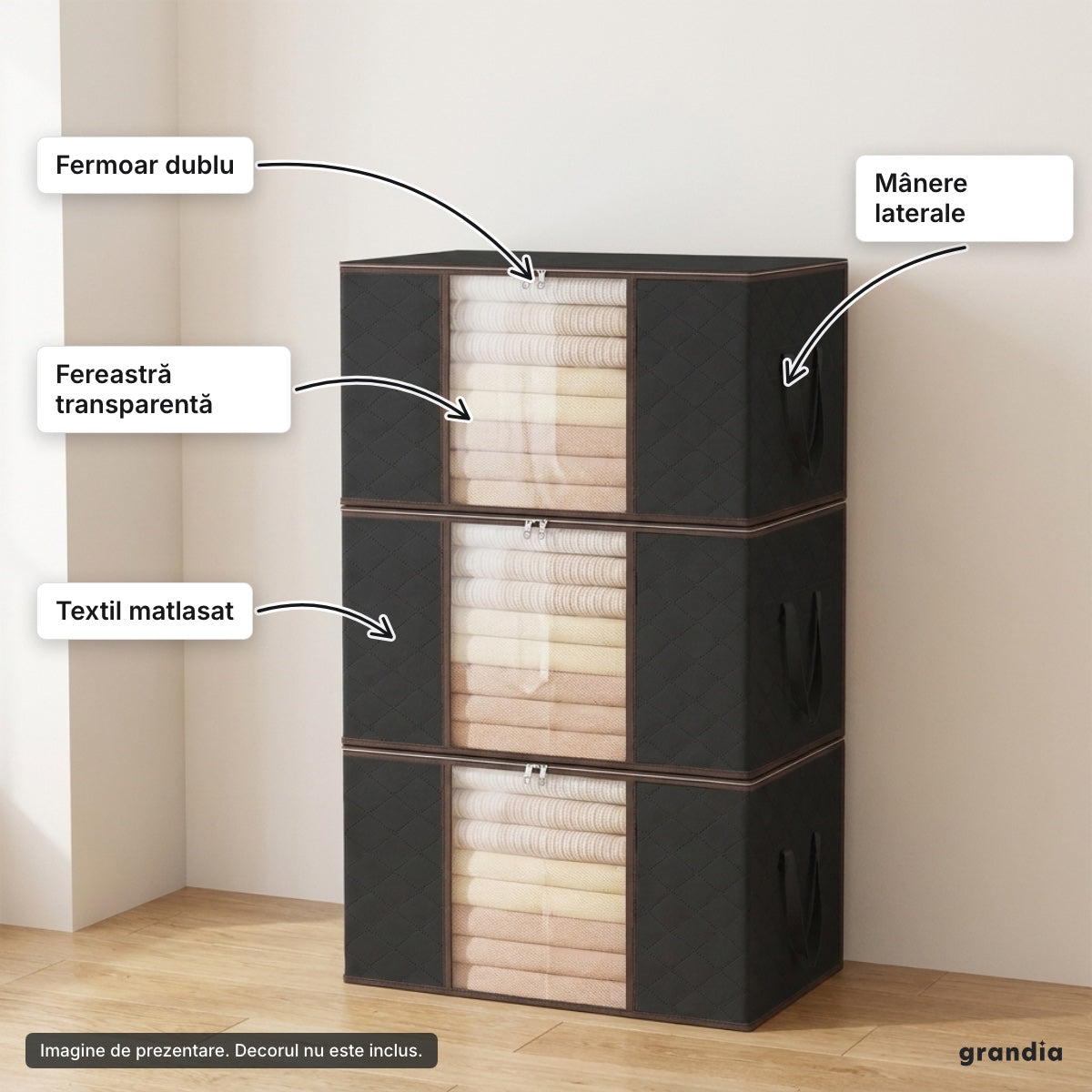 Set 3 cutii textile 84 L – elemente principale