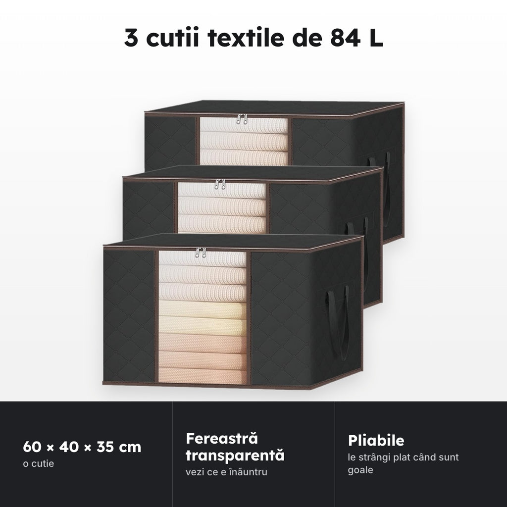 Set 3 Cutii depozitare 84L pliabile cu fereastră –