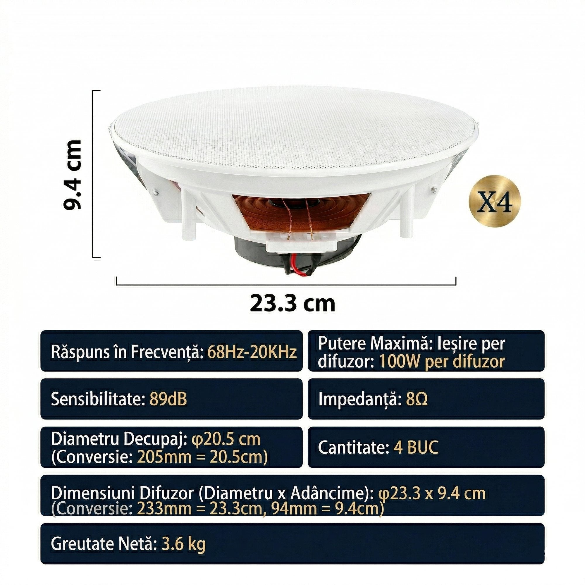 Set 4 Boxe Incastrabile pentru Tavan Si Perete – 8 inch, 20W, Alb 6