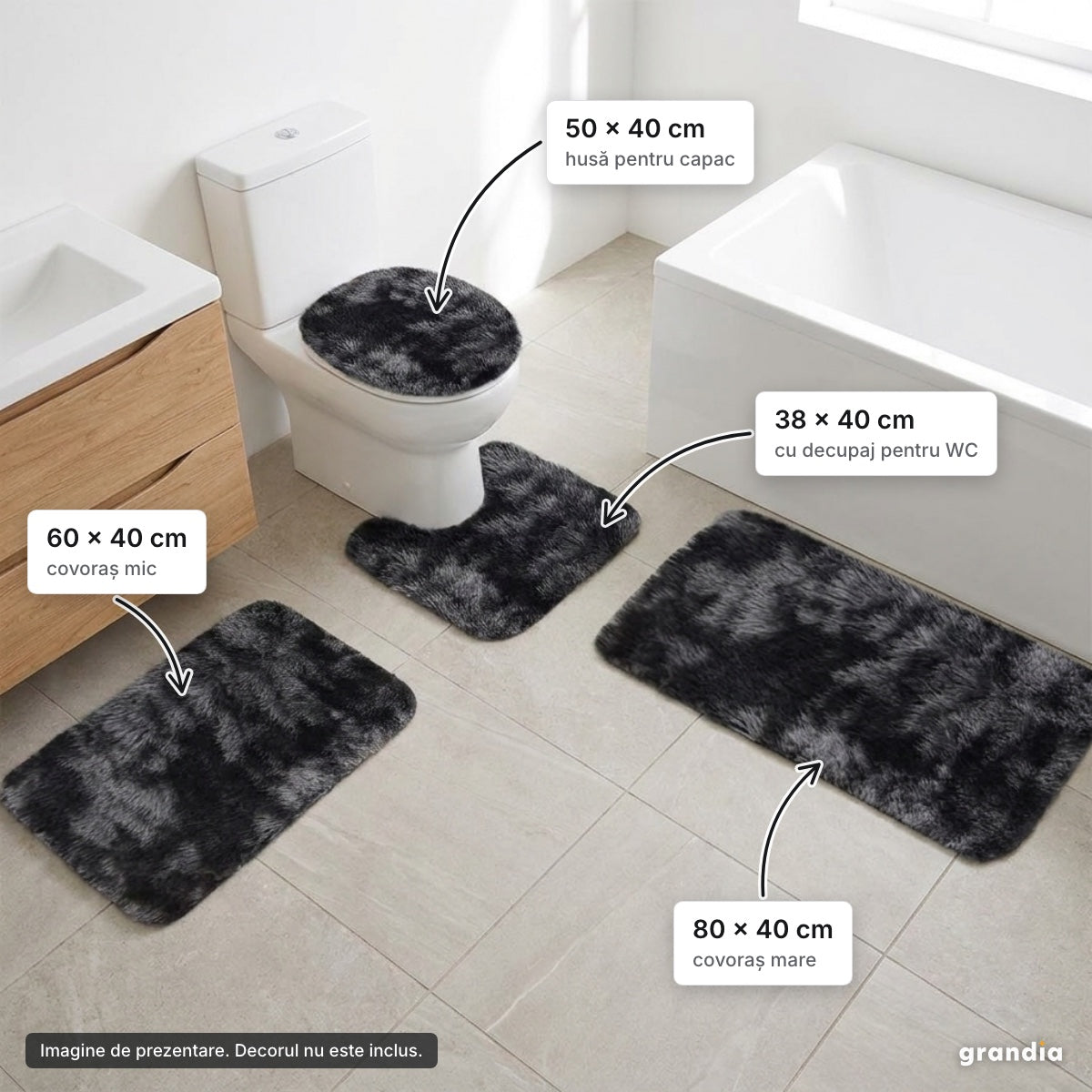 Set 4 covorașe baie pufoase, negru – elemente principale