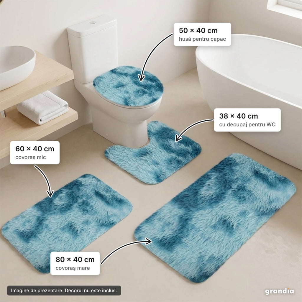 Set 4 covorașe baie pufoase, turcoaz – elemente principale