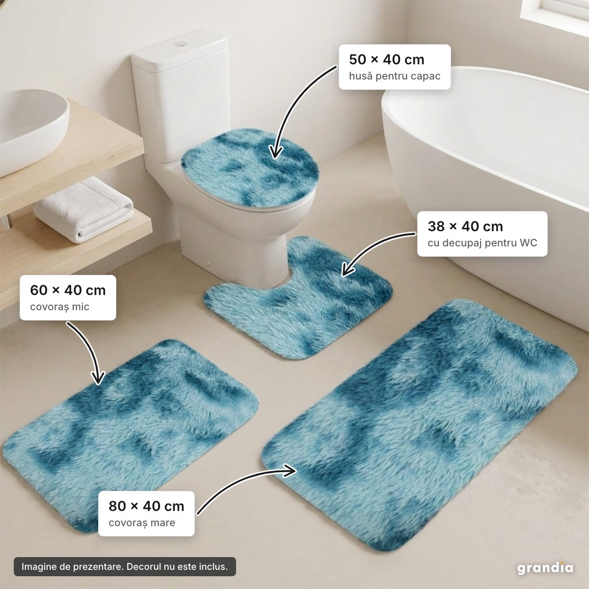 Set 4 covorașe baie pufoase, turcoaz – elemente principale