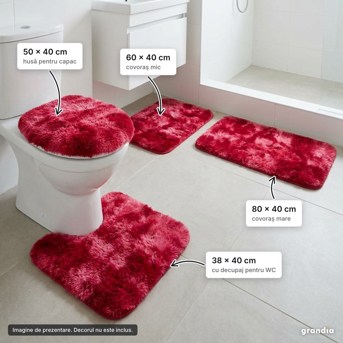 Set 4 covorașe baie pufoase, roșu – elemente principale