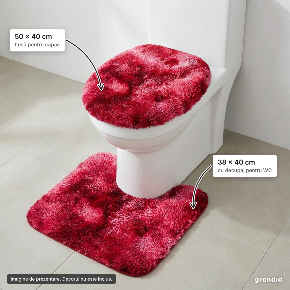 Set 4 covorașe baie pufoase, roșu – elemente principale