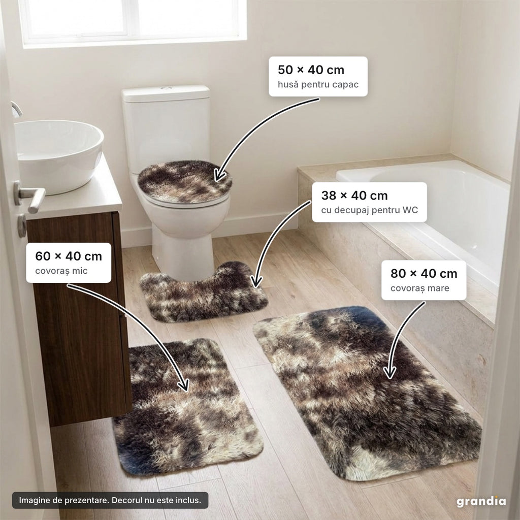 Set 4 covorașe baie, maro – elemente principale