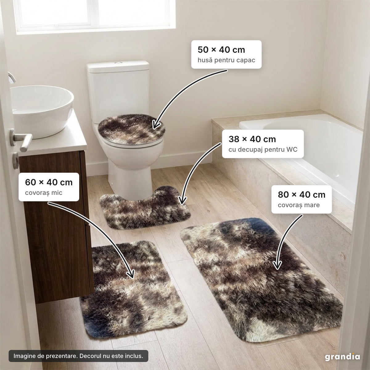 Set 4 covorașe baie, maro – elemente principale
