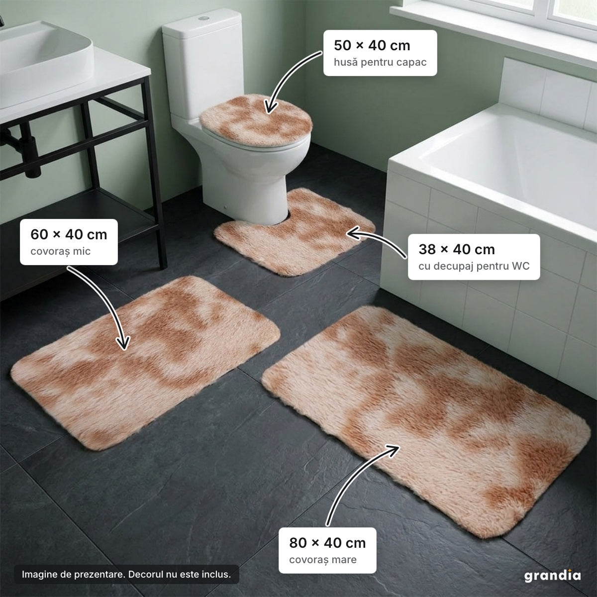 Set 4 covorașe baie, crem – elemente principale