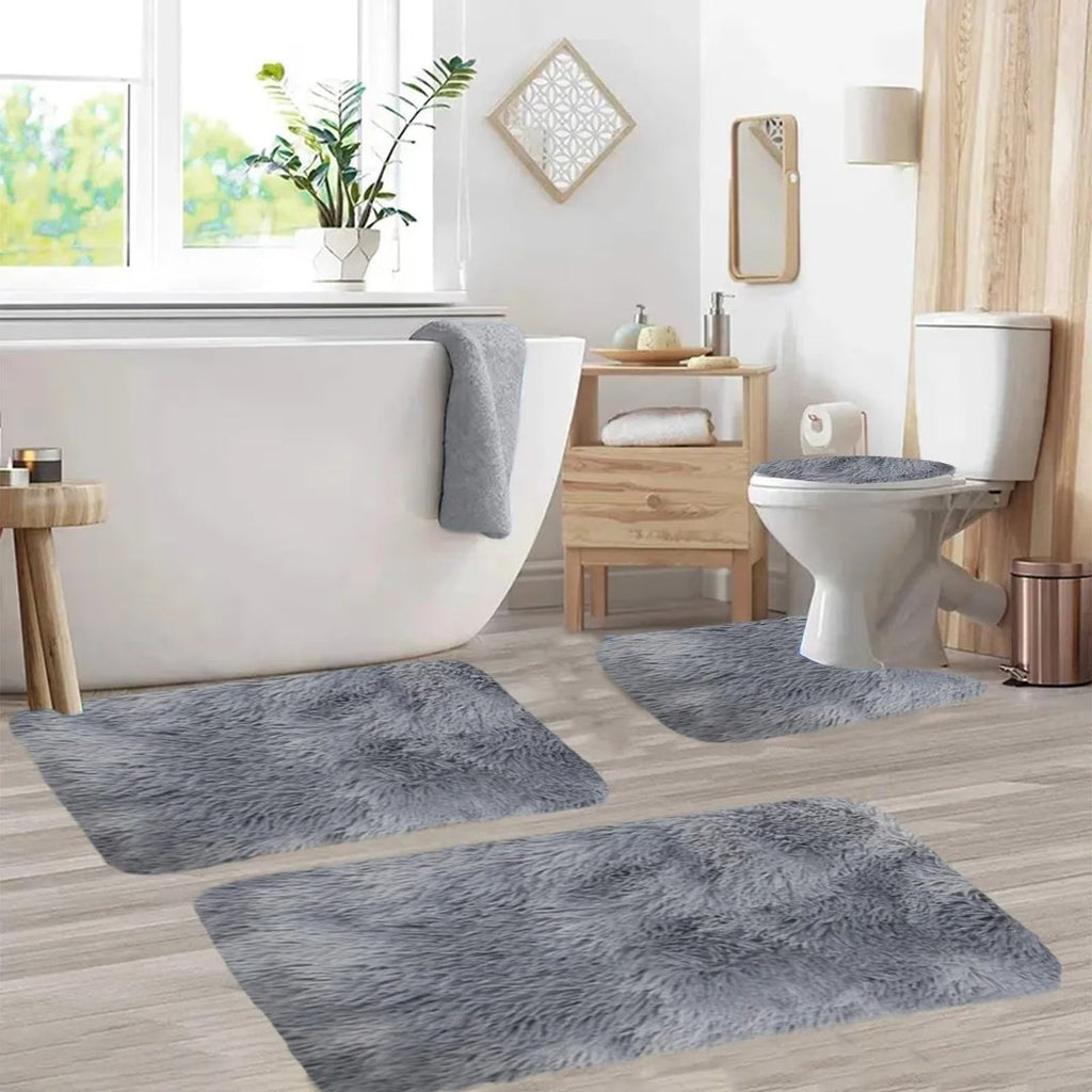 Set 4 Covorașe de Baie Antiderapante, material pufos, Gri 4