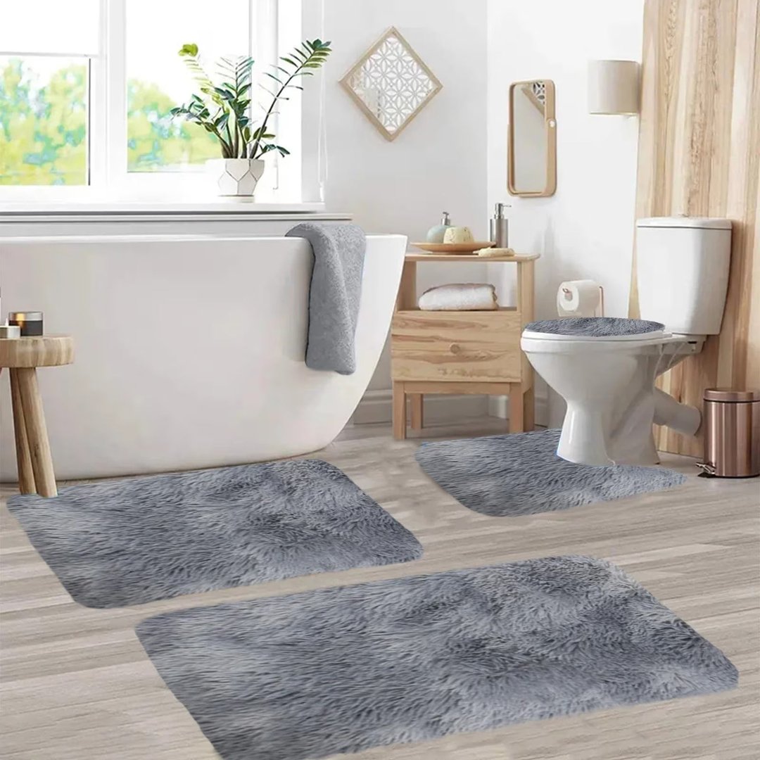 Set 4 Covorașe de Baie Antiderapante, material pufos, Gri 4
