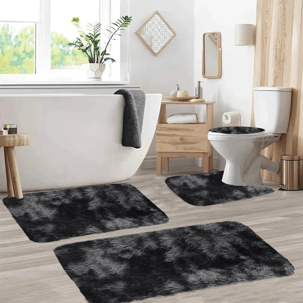 Set 4 Covorașe de Baie Antiderapante, material pufos, Negru 4