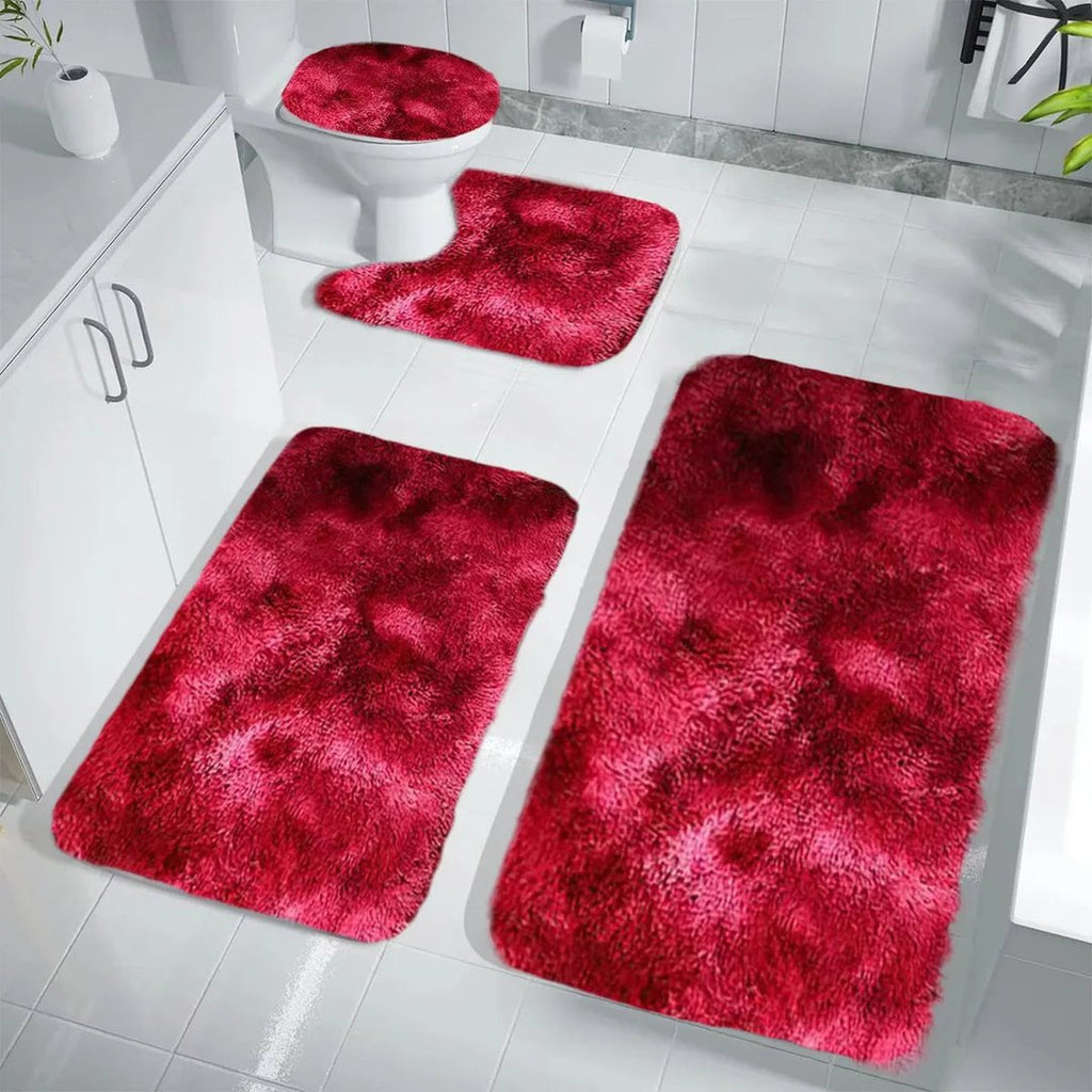 Set 4 Covorașe de Baie Antiderapante, material pufos, Roșu 1