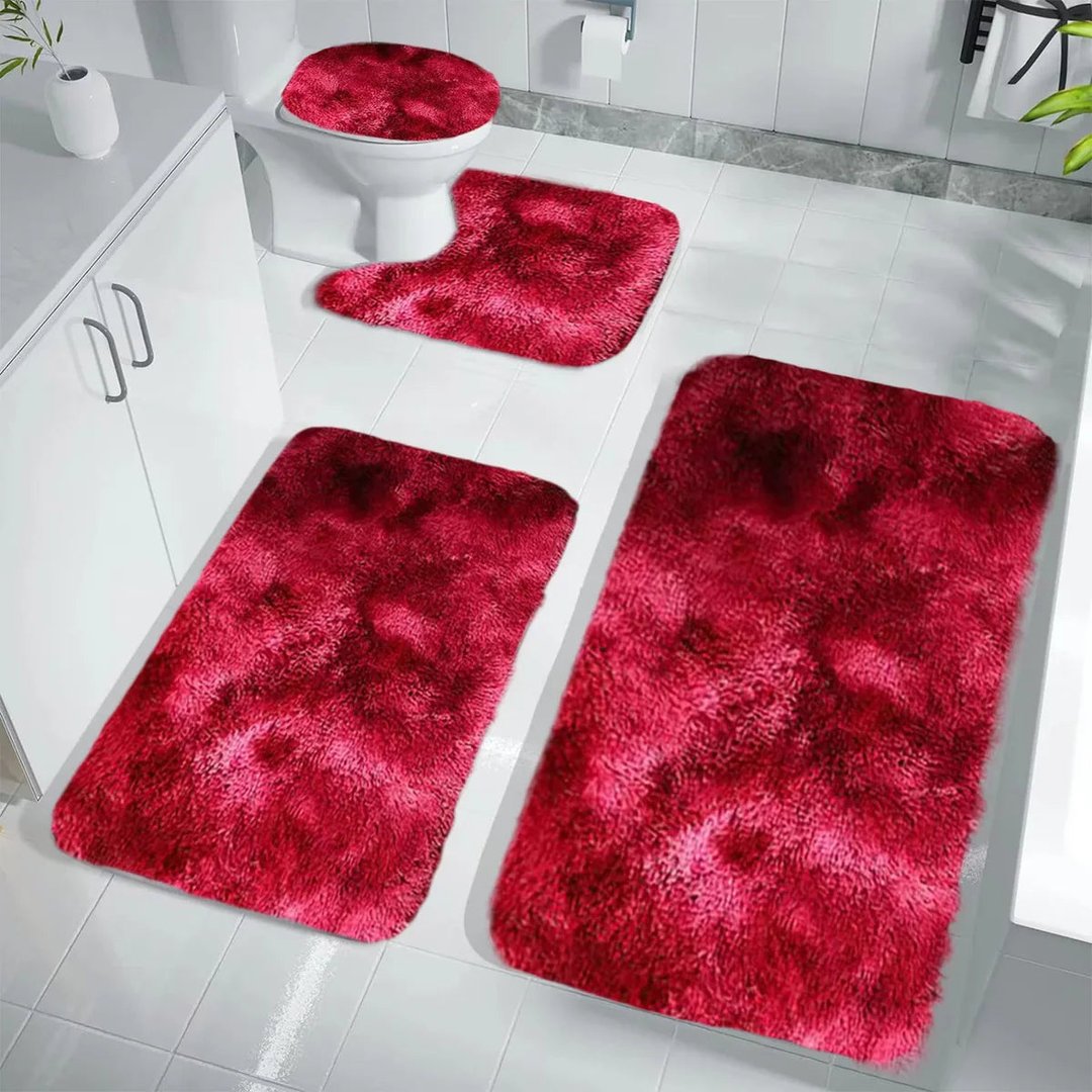 Set 4 Covorașe de Baie Antiderapante, material pufos, Roșu 1