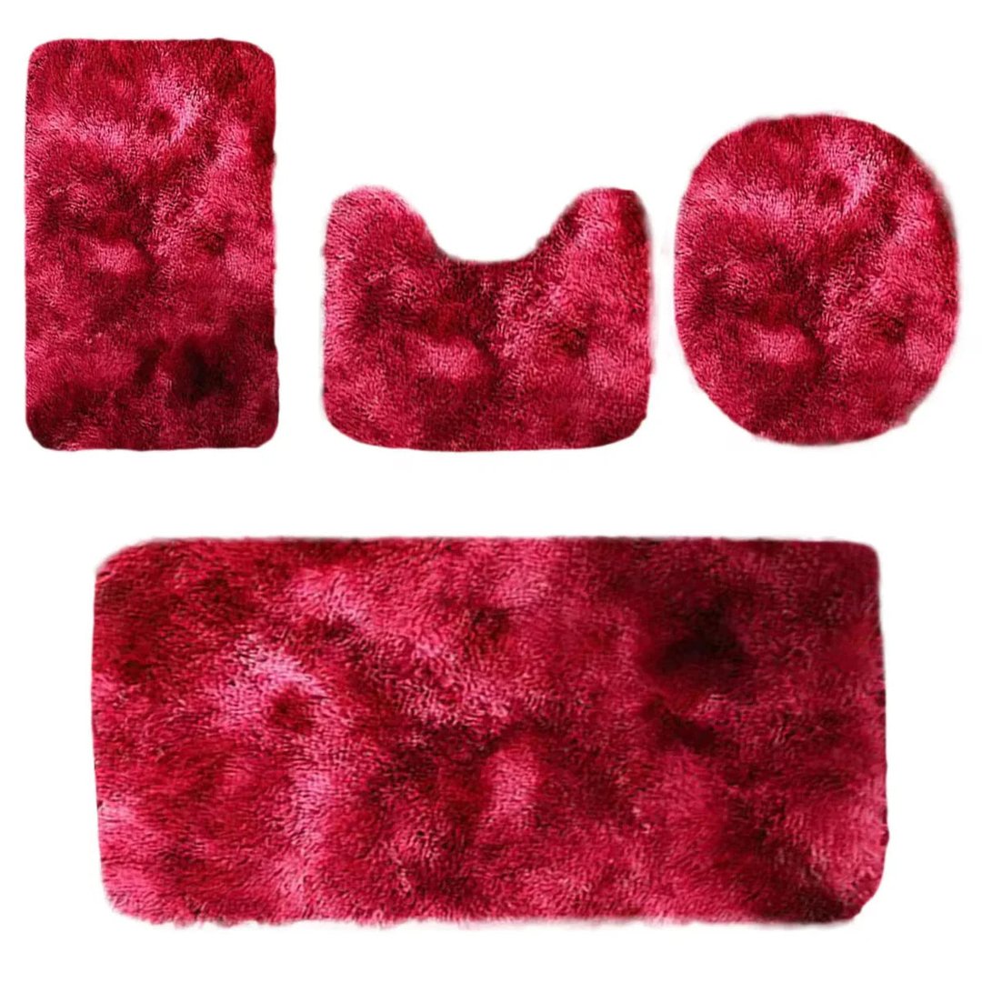 Set 4 Covorașe de Baie Antiderapante, material pufos, Roșu 2