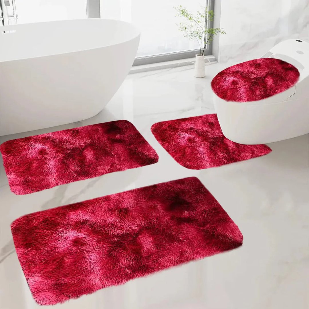 Set 4 Covorașe de Baie Antiderapante, material pufos, Roșu 4
