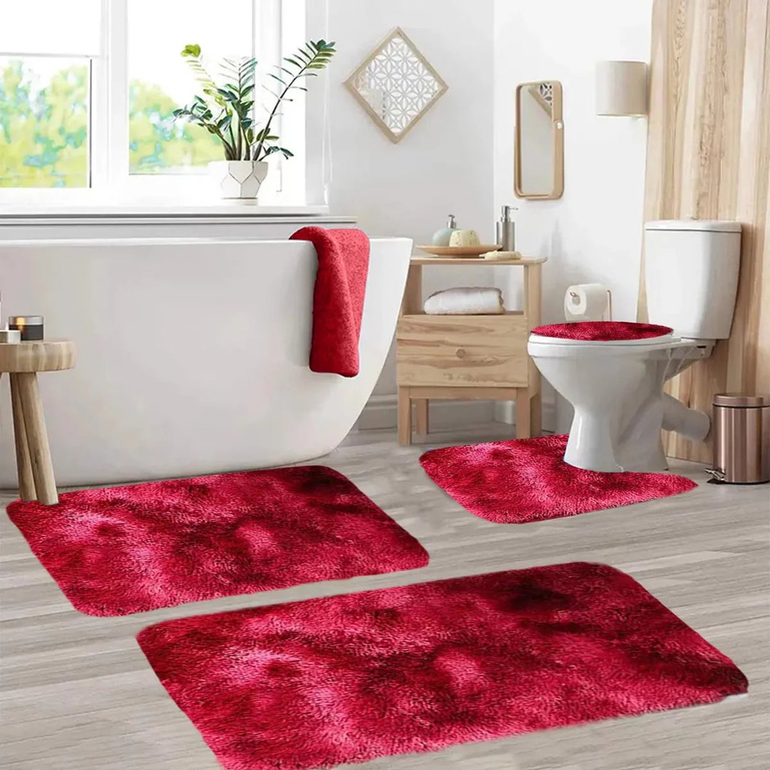 Set 4 Covorașe de Baie Antiderapante, material pufos, Roșu 5