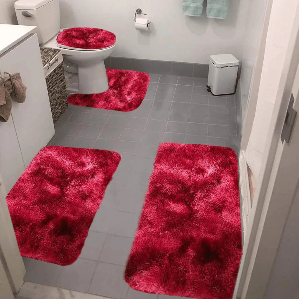 Set 4 Covorașe de Baie Antiderapante, material pufos, Roșu 6