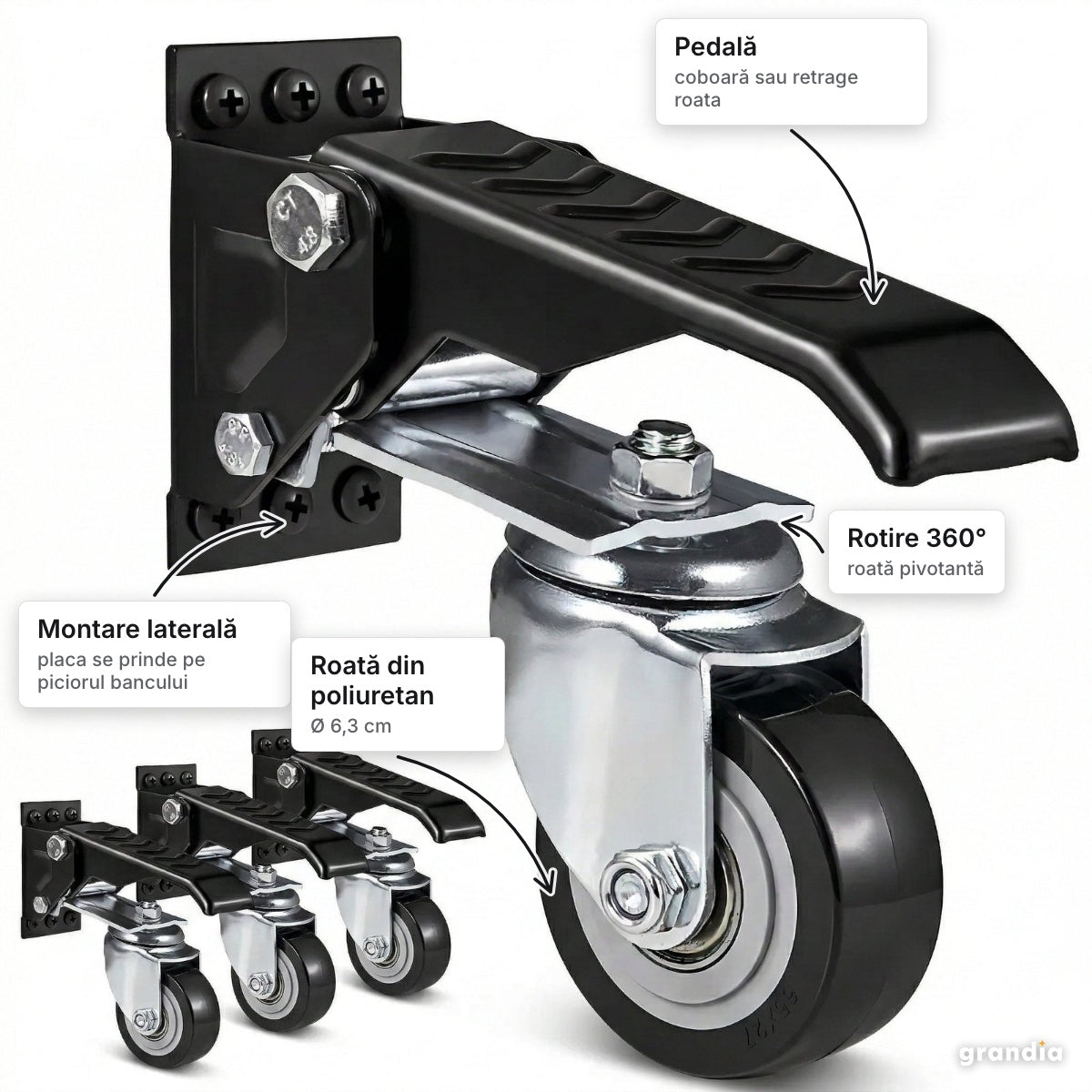 Set 4 roți retractabile cu pedală, Ø 6,3 cm – elemente principale