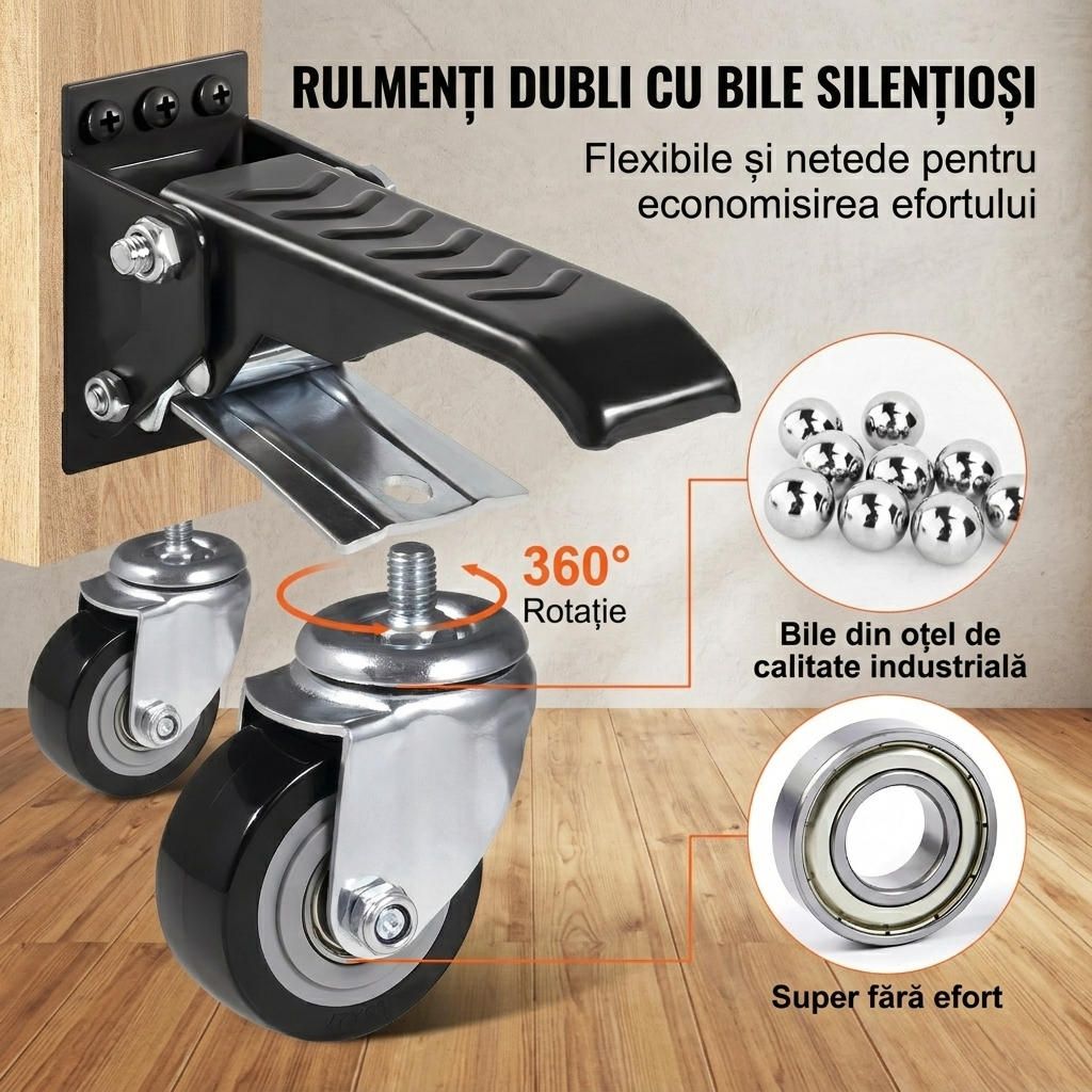 Set 4 Roti Pivotante Retractabile pentru Banc de Lucru, 6.3 cm, Capacitate 74.8 kg, Rotire 360°, Montare Laterala cu Pedala 1