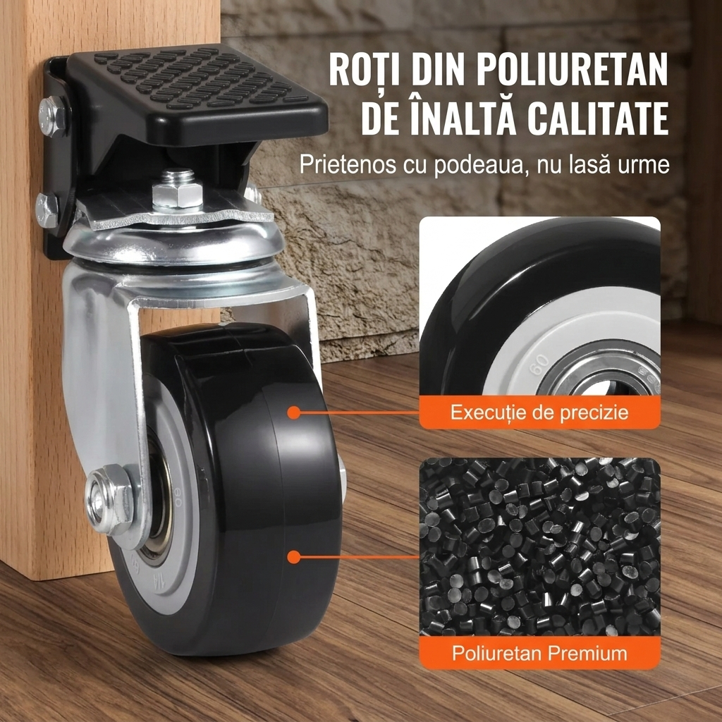 Set 4 Roti Pivotante Retractabile pentru Banc de Lucru, 6.3 cm, Capacitate 74.8 kg, Rotire 360°, Montare Laterala cu Pedala 2