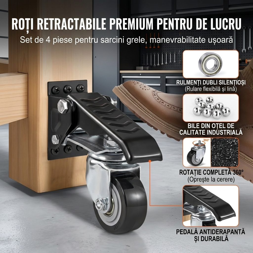 Set 4 Roti Pivotante Retractabile pentru Banc de Lucru, 6.3 cm, Capacitate 74.8 kg, Rotire 360°, Montare Laterala cu Pedala 3