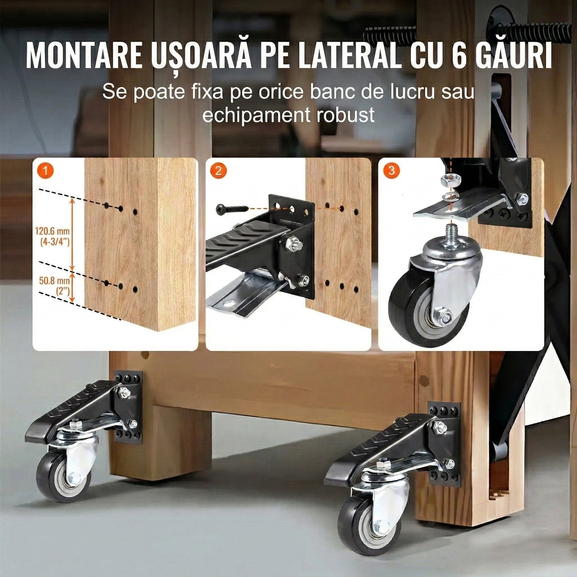 Set 4 Roti Pivotante Retractabile pentru Banc de Lucru, 6.3 cm, Capacitate 74.8 kg, Rotire 360°, Montare Laterala cu Pedala 5