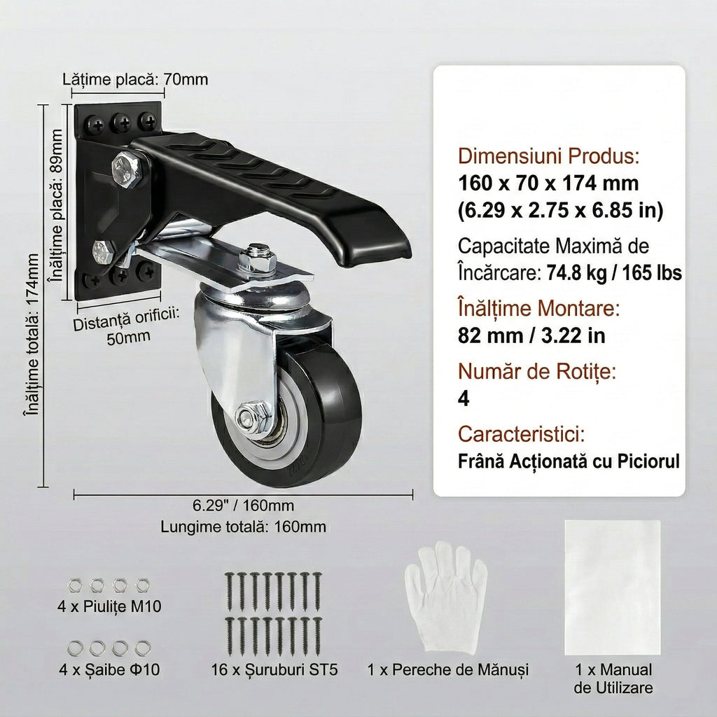 Set 4 Roti Pivotante Retractabile pentru Banc de Lucru, 6.3 cm, Capacitate 74.8 kg, Rotire 360°, Montare Laterala cu Pedala 6