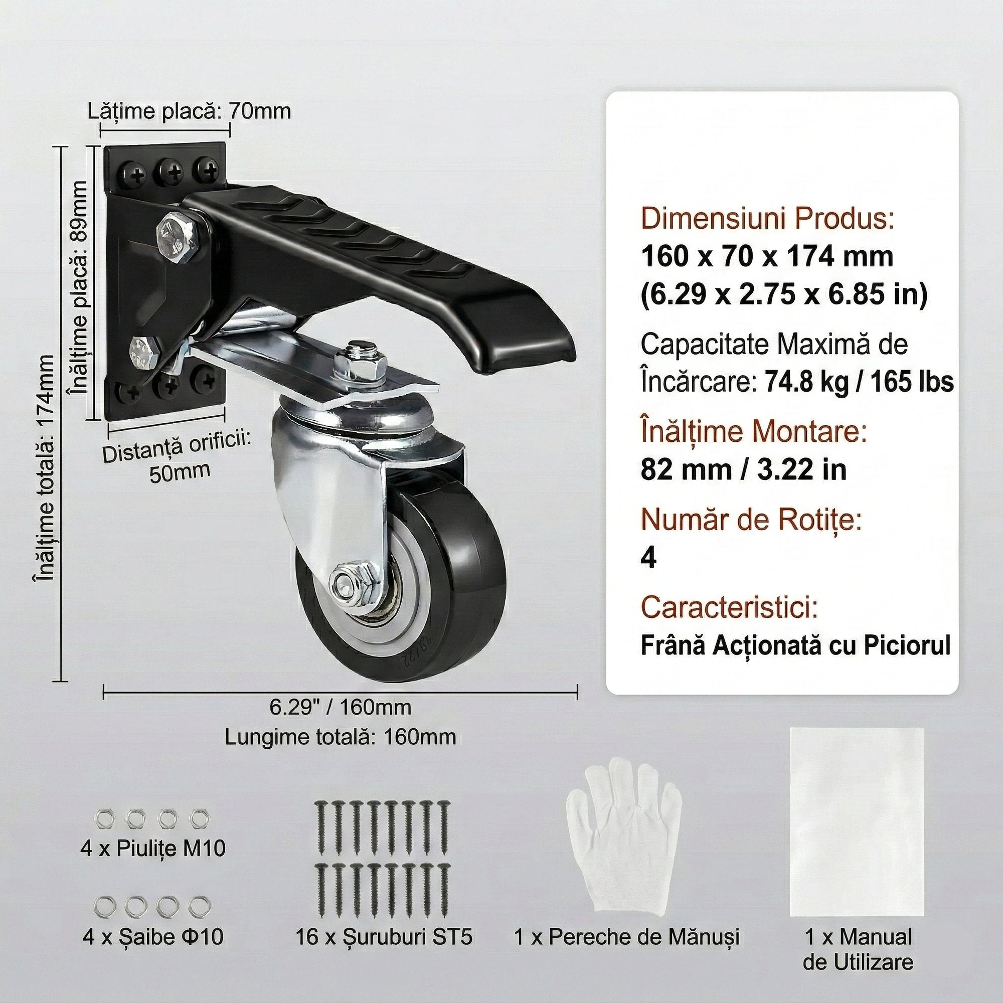 Set 4 Roti Pivotante Retractabile pentru Banc de Lucru, 6.3 cm, Capacitate 74.8 kg, Rotire 360°, Montare Laterala cu Pedala 6
