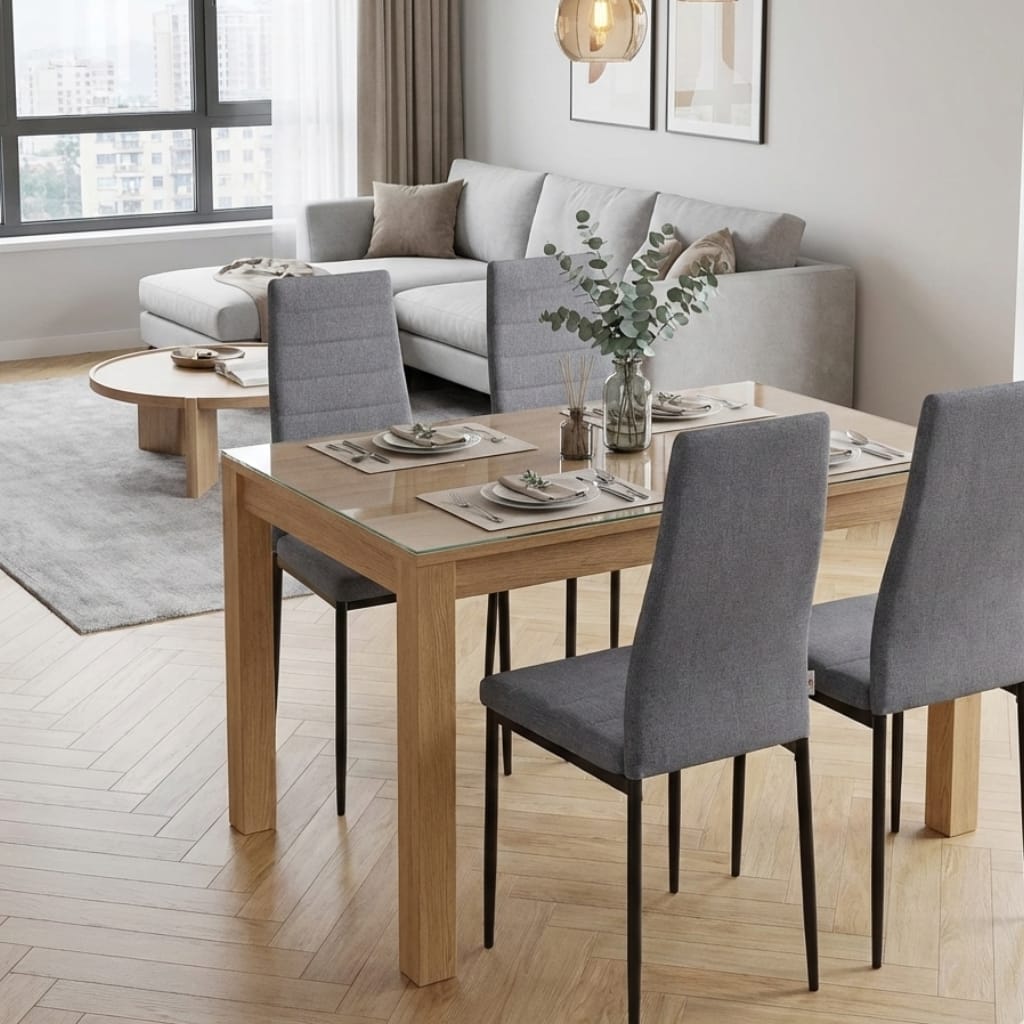 Set 4 Scaune Living, Tapitate Textil, Picioare Metal, Design Ergonomic, Gri - Imagine 2
