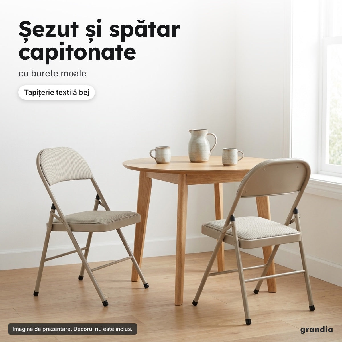 Set 4 scaune pliabile tapițate, bej – Șezut și spătar capitonate