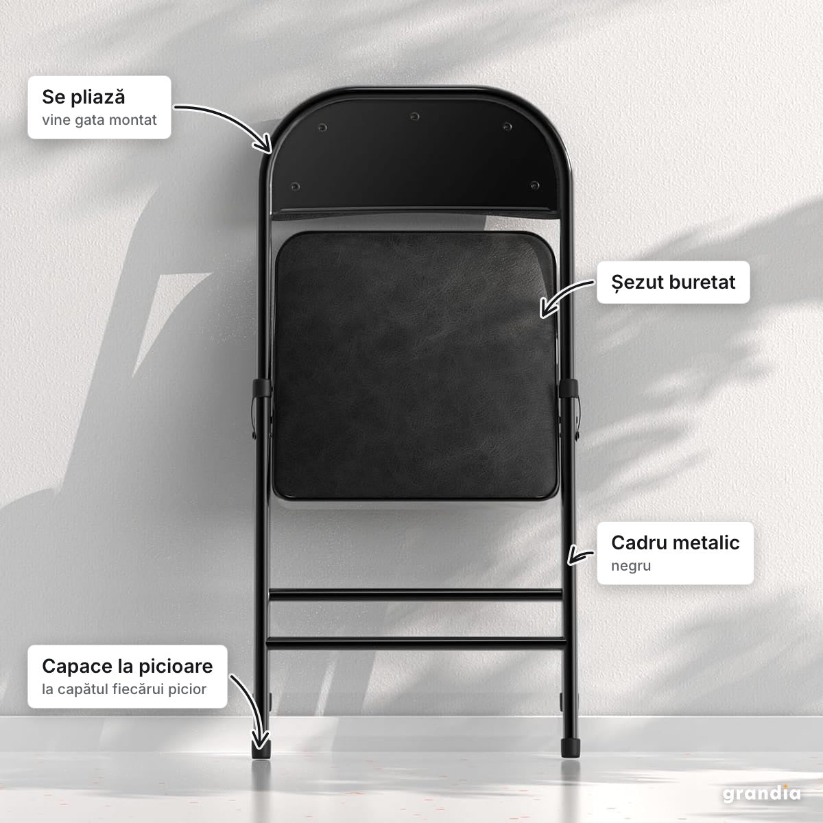 Set 6 scaune pliante negre, șezut buretat – elemente principale