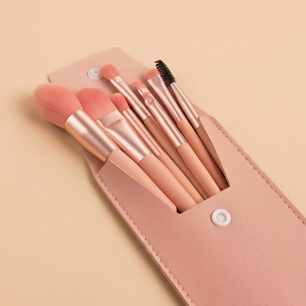 Set 8 mini pensule pentru machiaj, profesionale si pentru incepatori, portabile, roz 3