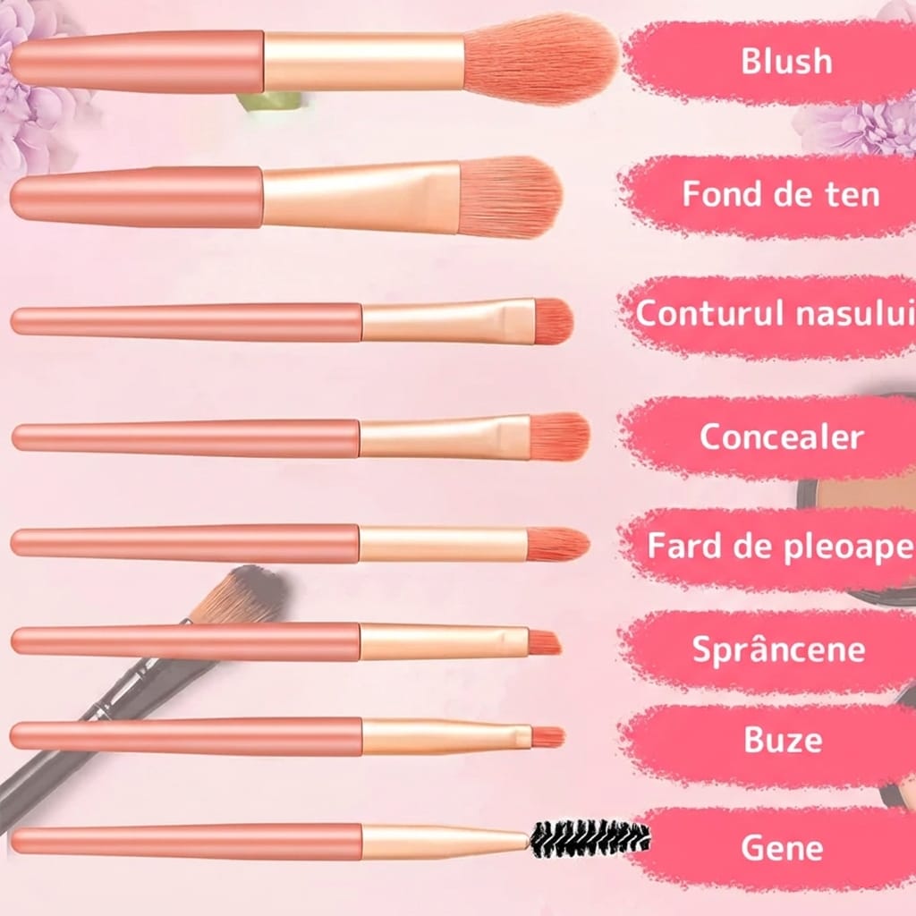 Set 8 mini pensule pentru machiaj, profesionale si pentru incepatori, portabile, roz 4