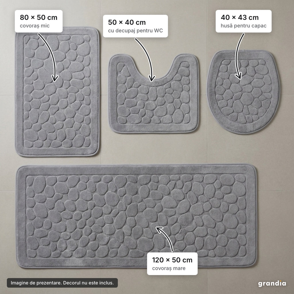 Set 4 covorașe de baie gri – elemente principale