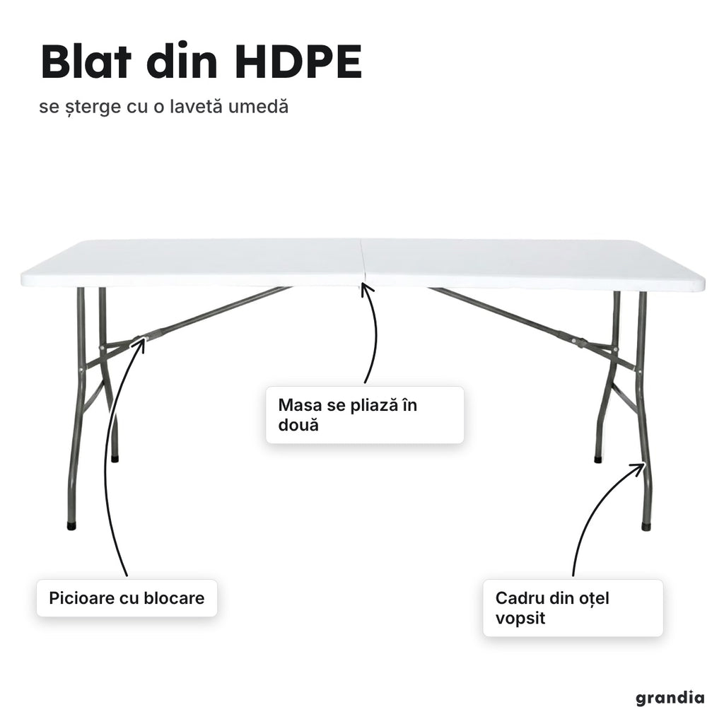 Set masă pliabilă 180 cm + 2 bănci – Blat din HDPE
