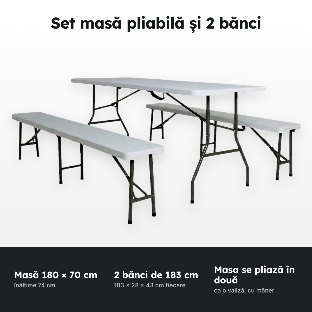 Set masă pliabilă 180 cm + 2 bănci – Set masă pliabilă și 2 bănci