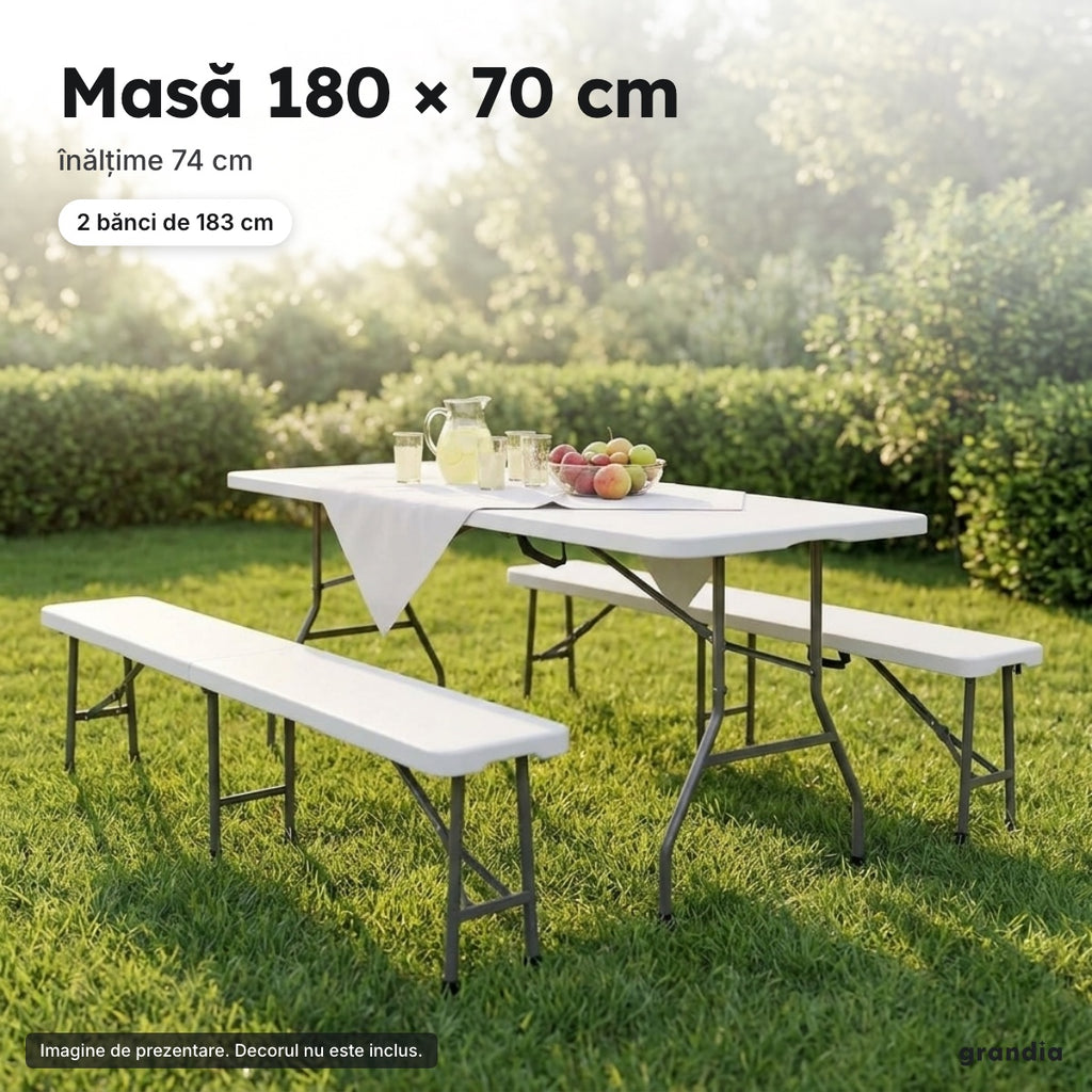Set masă pliabilă 180 cm + 2 bănci – Masă 180 × 70 cm