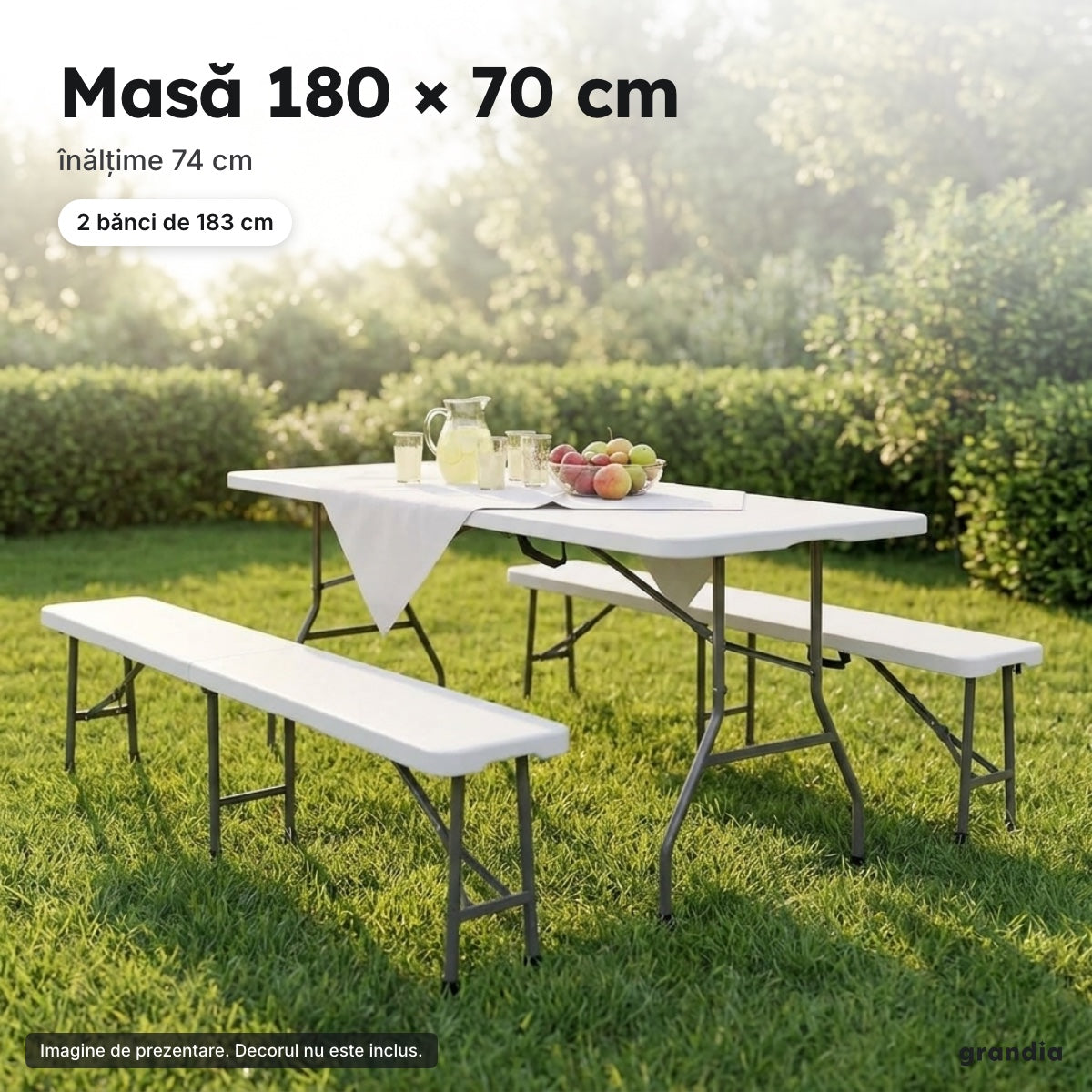 Set masă pliabilă 180 cm + 2 bănci – Masă 180 × 70 cm