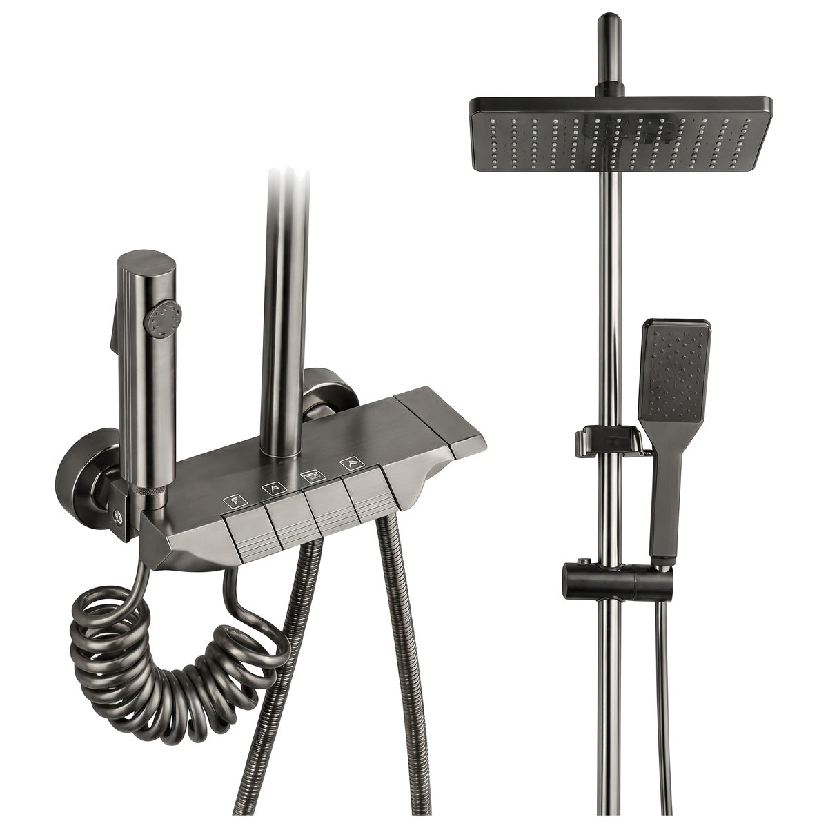 Set duș cu coloană și 4 funcții, cap ploaie, pulverizator bideu, gri grafit