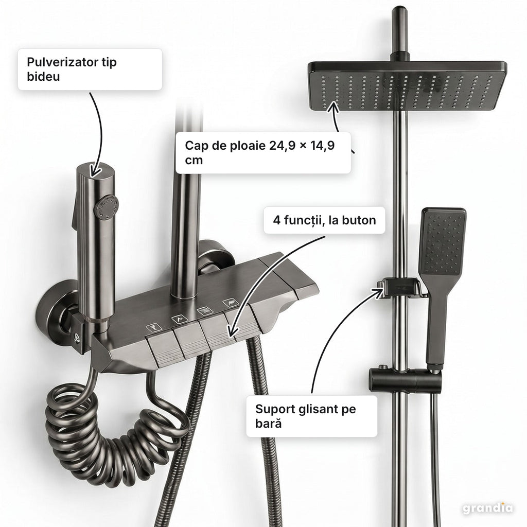 Set de duș cu coloană, 4 funcții la buton, gri grafit – elemente principale