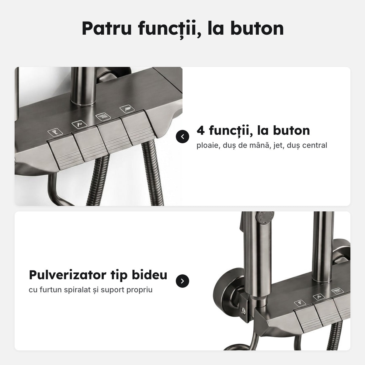 Set de duș cu coloană, 4 funcții la buton, gri grafit – Patru funcții, la buton