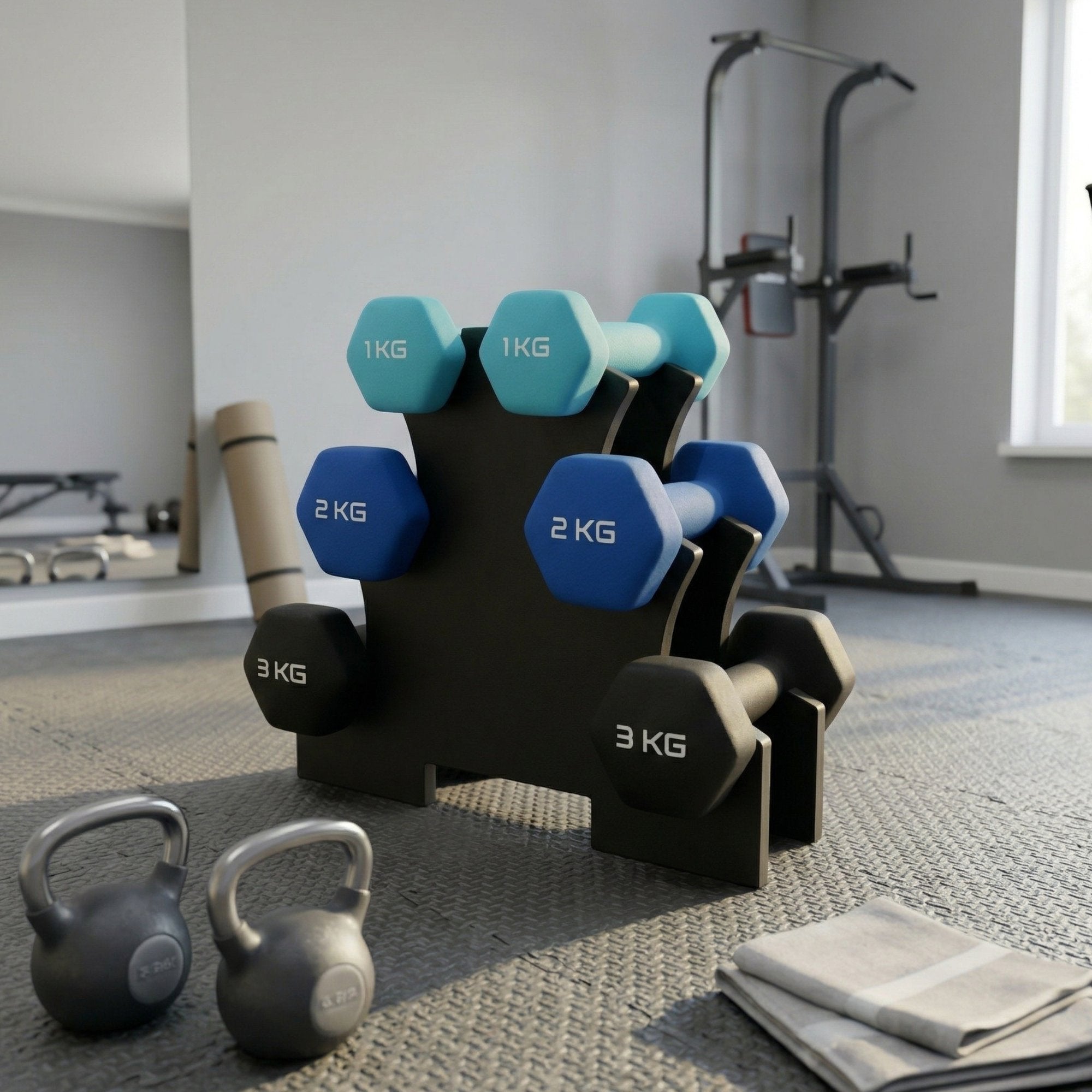 Set Gantere Fitness 12 kg cu Suport – 6 Greutati din Fonta si PVC 8