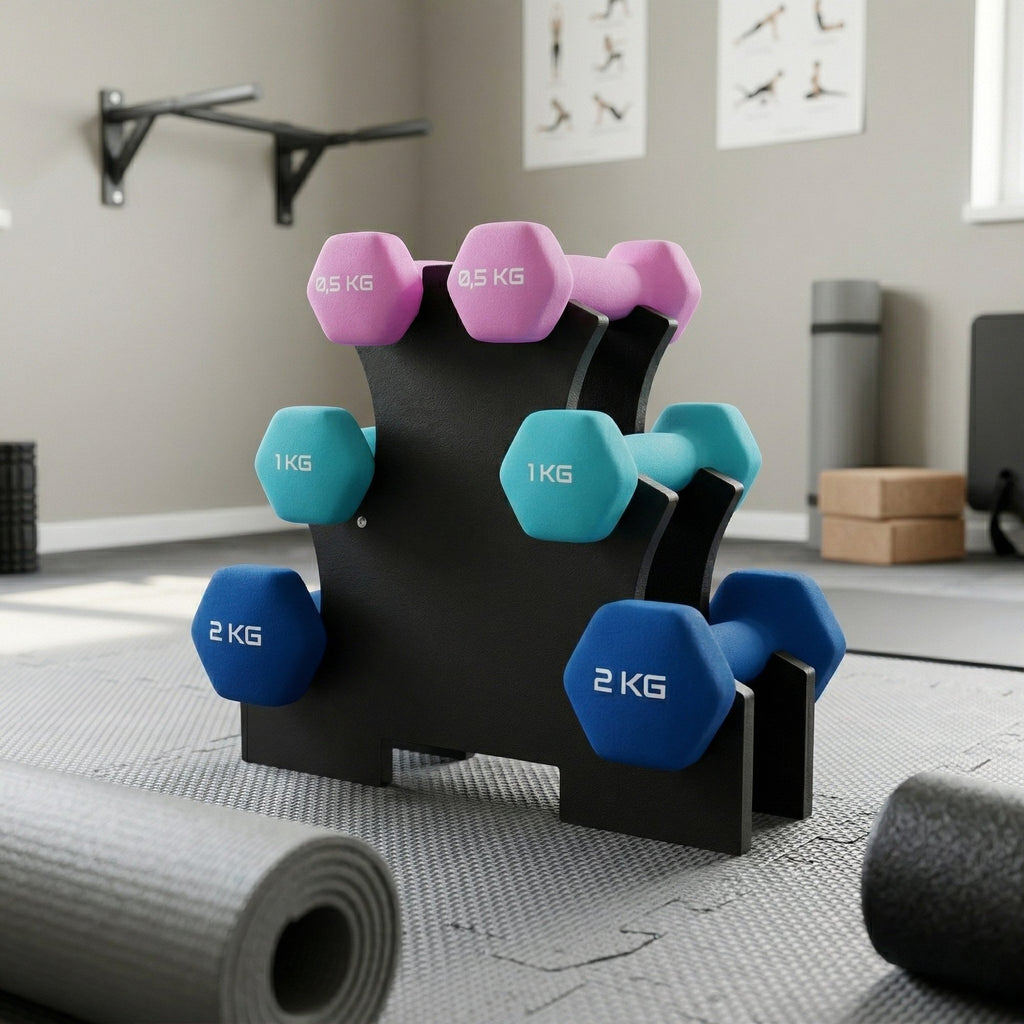 Set Gantere Fitness 7 kg cu Suport – 6 Greutati din Fonta si Neopren/PVC 6